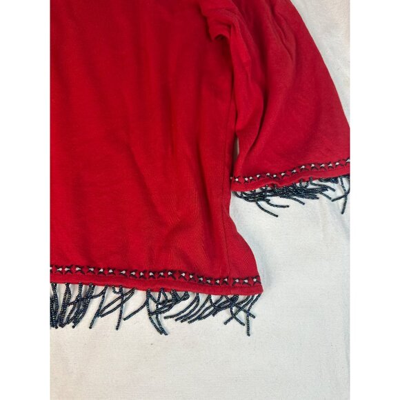 Red Christopher & Banks Womens Fringe Hem Cotton Top Large Beaded Details Boho - Picture 3 of 4
